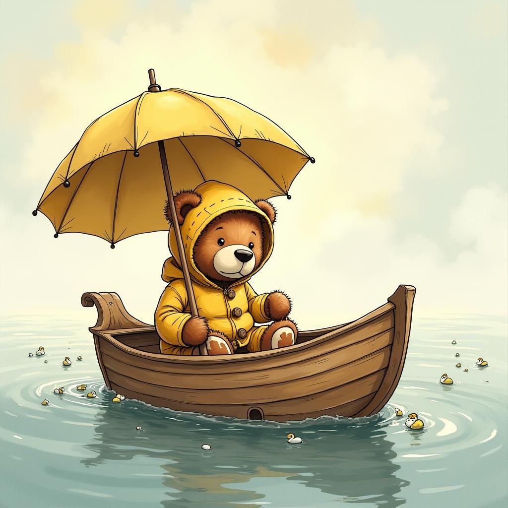 Cartoon Teddy Bear Sailing on a Puddle