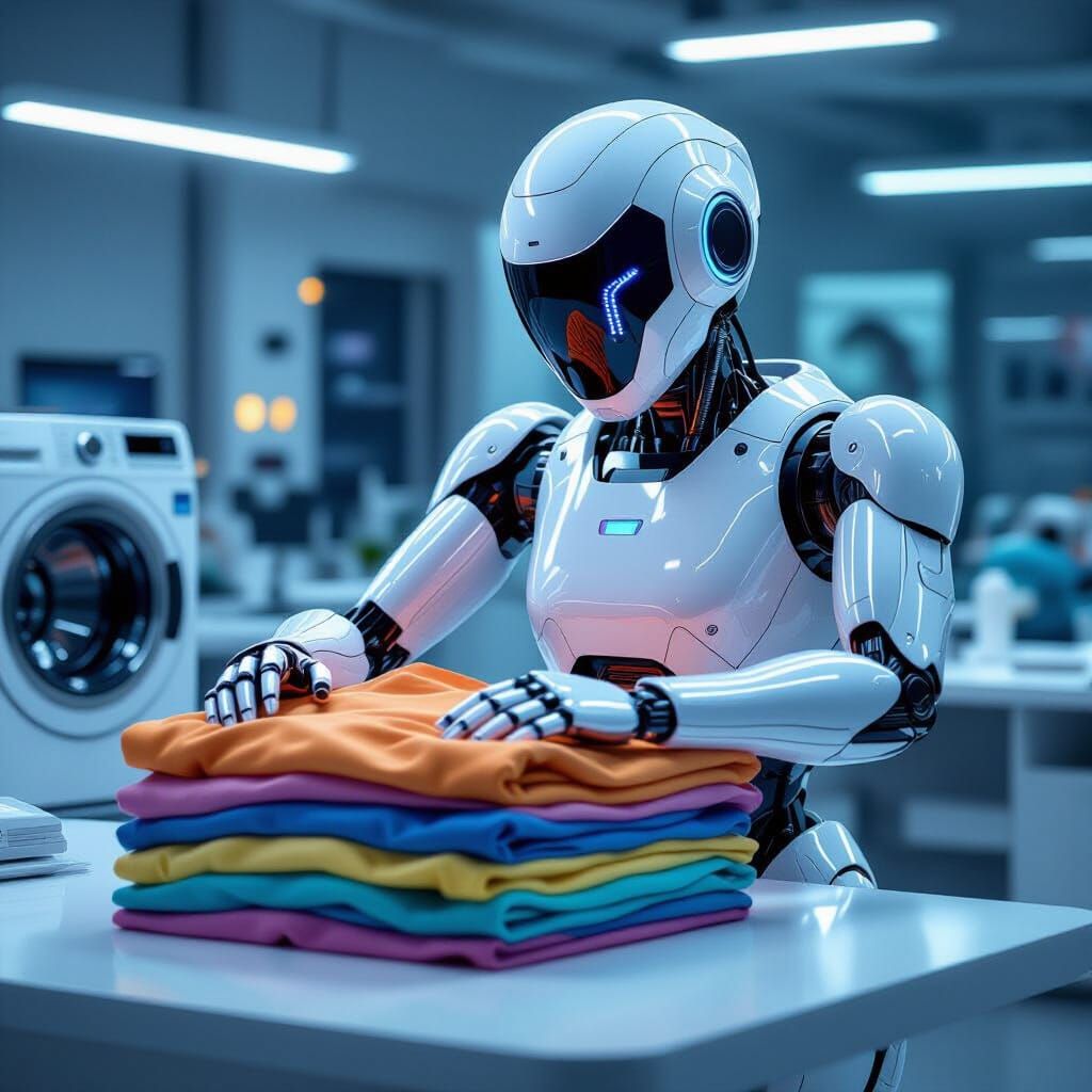 Futuristic Robot Folds Laundry in Digital Art