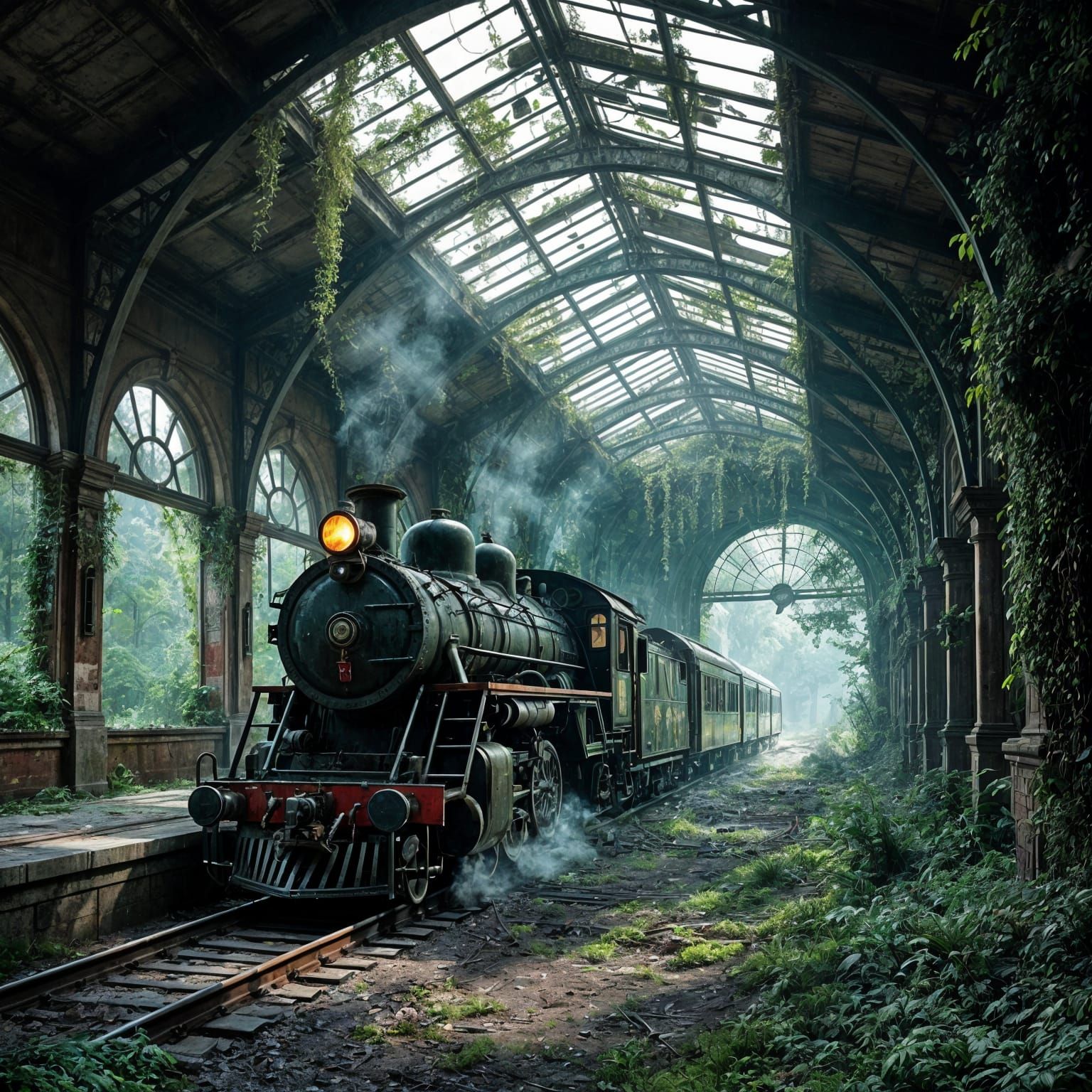 Abandoned Train Station Overgrown with Vines in Hyperrealist...