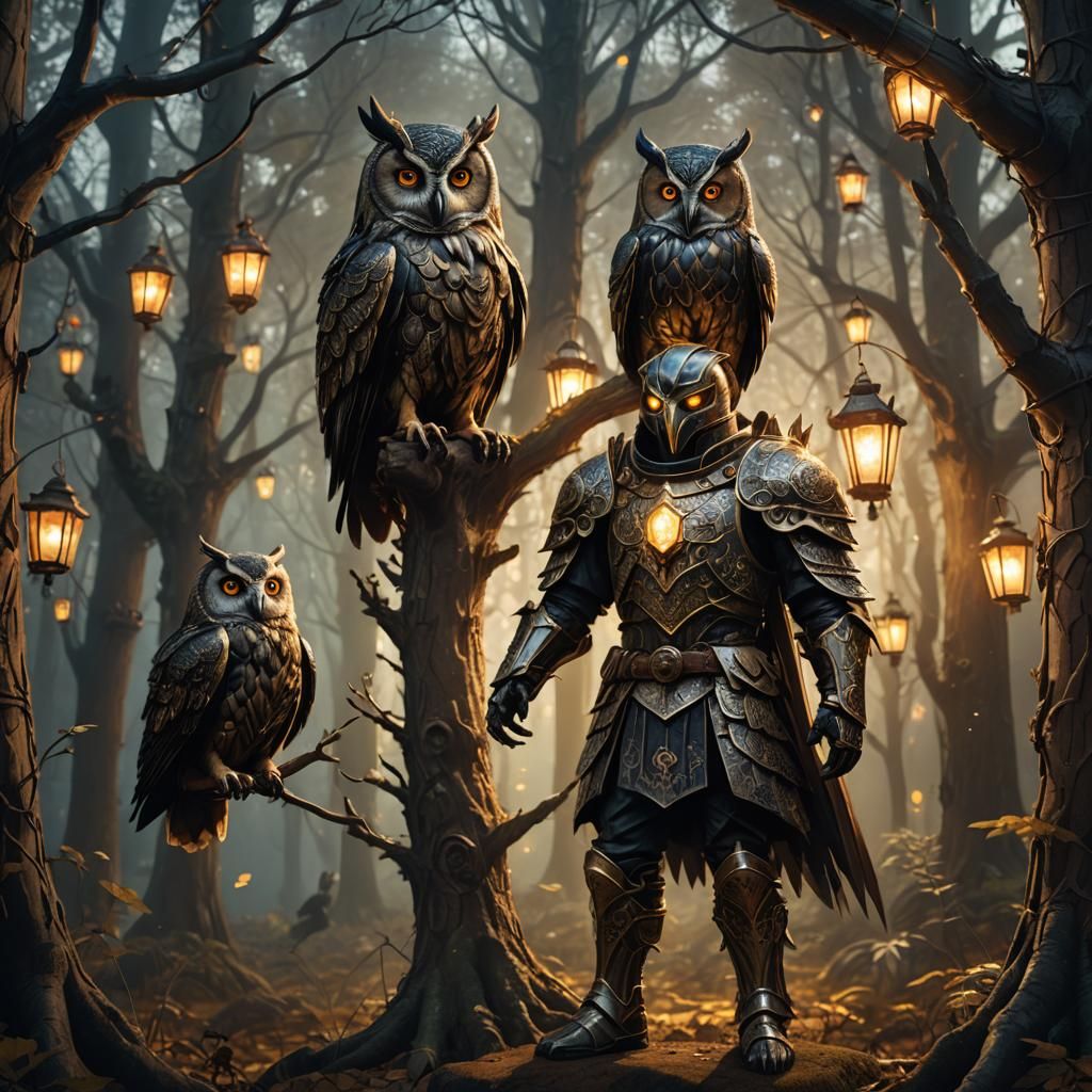 Headless Owl in Gothic Armor in Mystical Forest