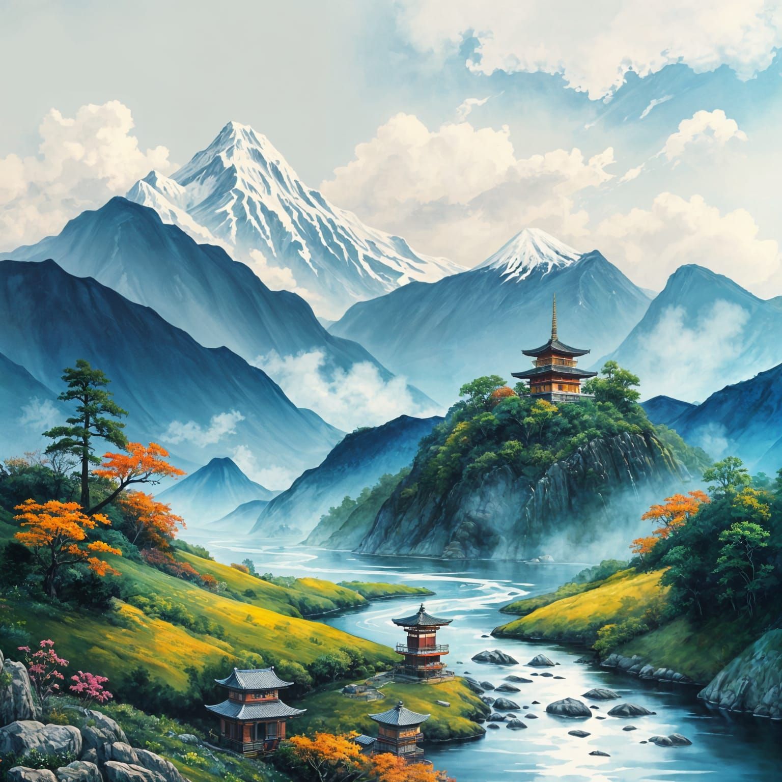 Japanese Mountain Landscape in Gouache Style
