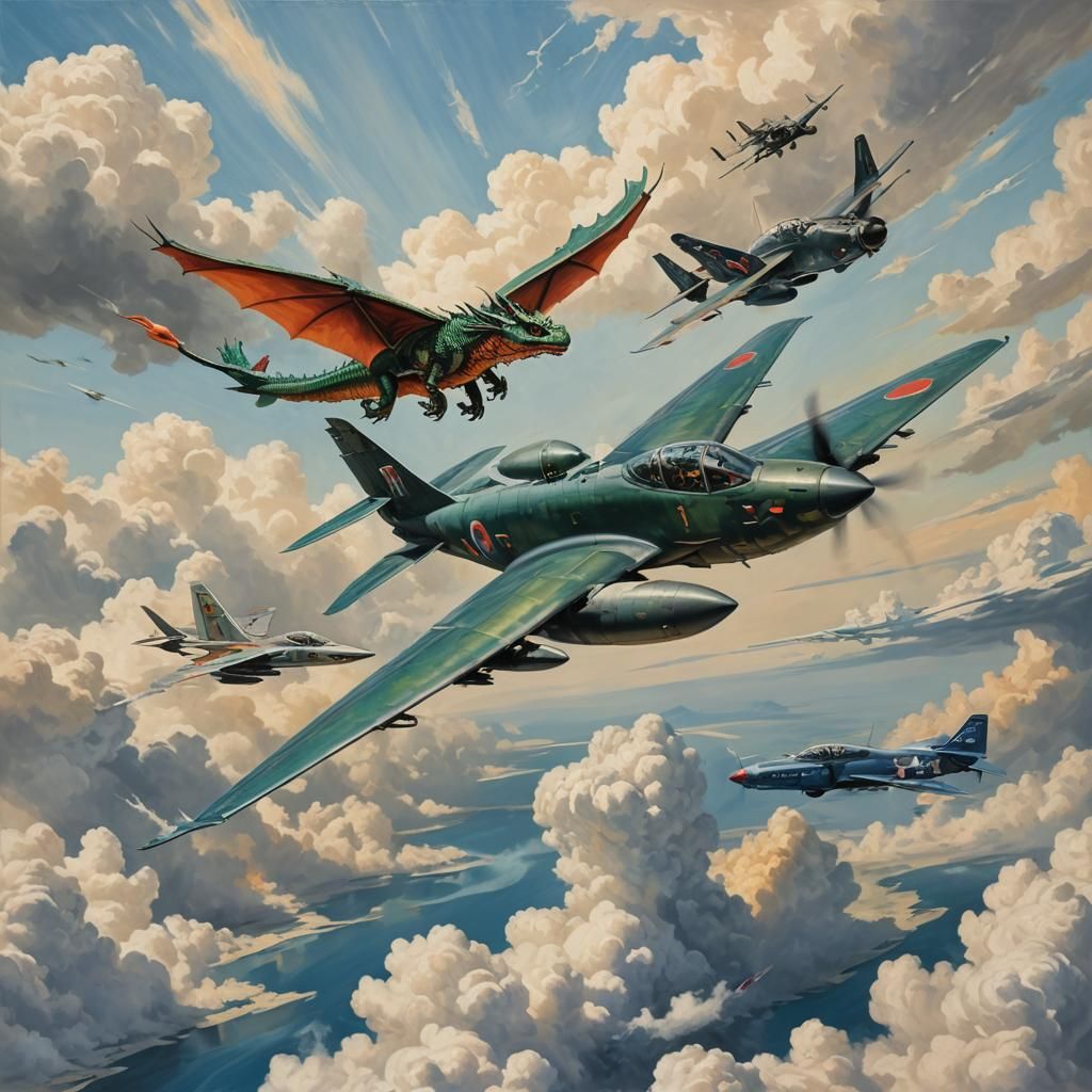 Dragon and Fighter Plane in Flight