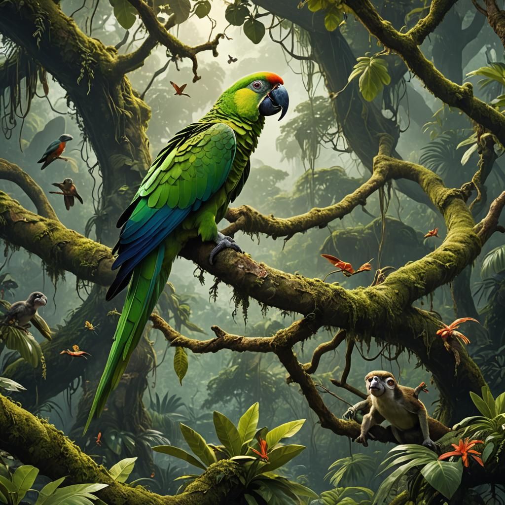 Jungle Parrot and Monkeys in Detailed Matte Painting