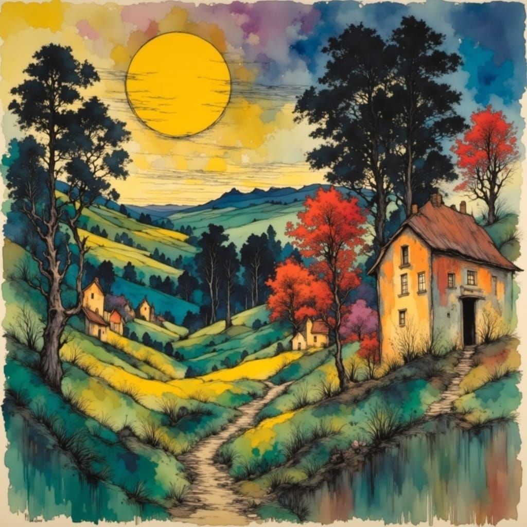 Vibrant Landscape with Distorted Forms in a Cyberpunk Aesthe...