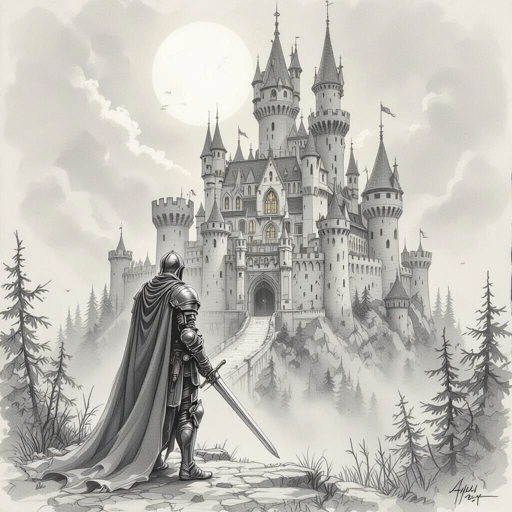 Knight Guarding Castle in Grayscale Pencil Sketch