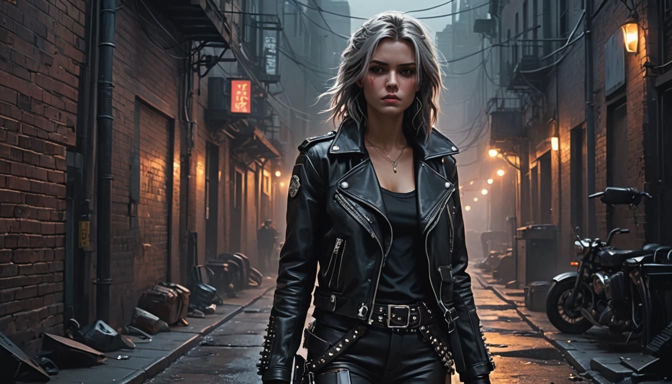 Edgy Woman in Dystopian Alleyway, Cyberpunk Style