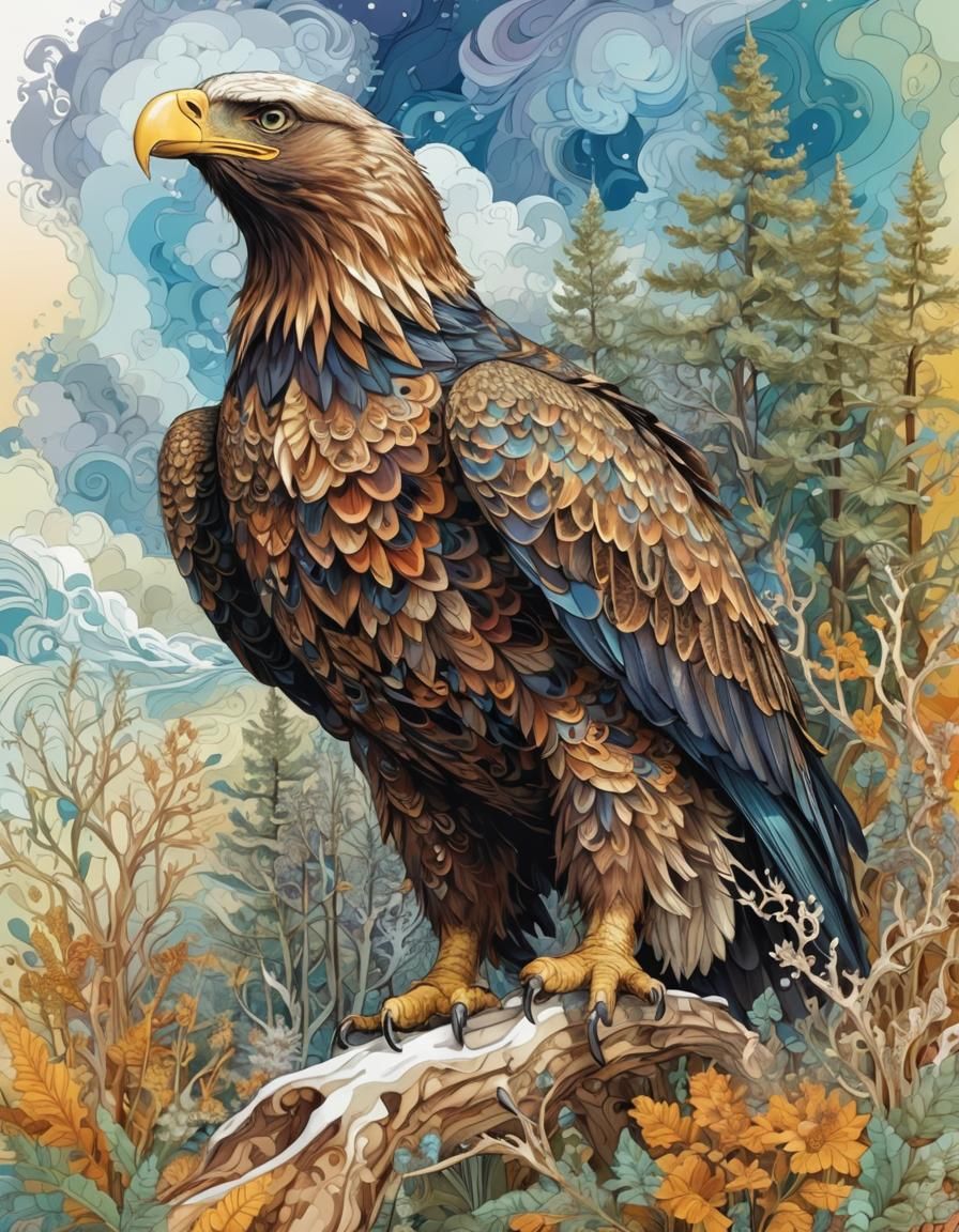 Eagle in Winter Landscape with Abstract Fractal Art