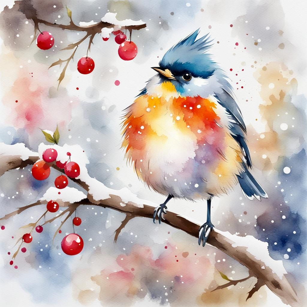 Watercolor Bird on Winter Branch