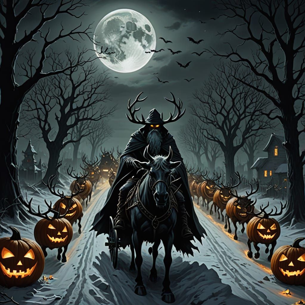 Pumpkin Claus in Haunted Sleigh with Zombie Reindeer