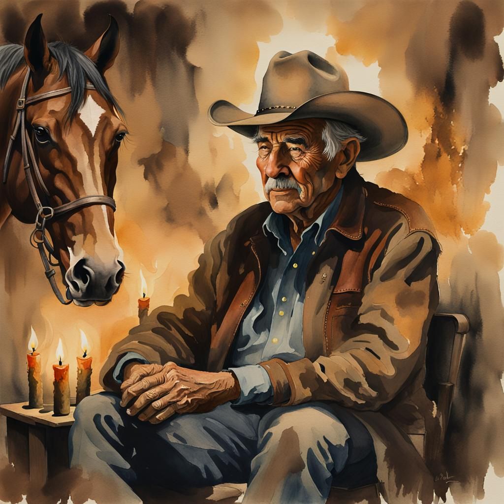 Watercolor Cowboy Portrait in Dark Room