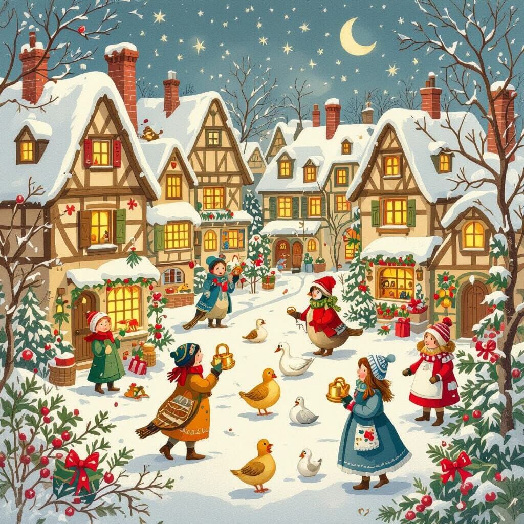 Hidden Objects Winter Village Vintage Children's Book Style