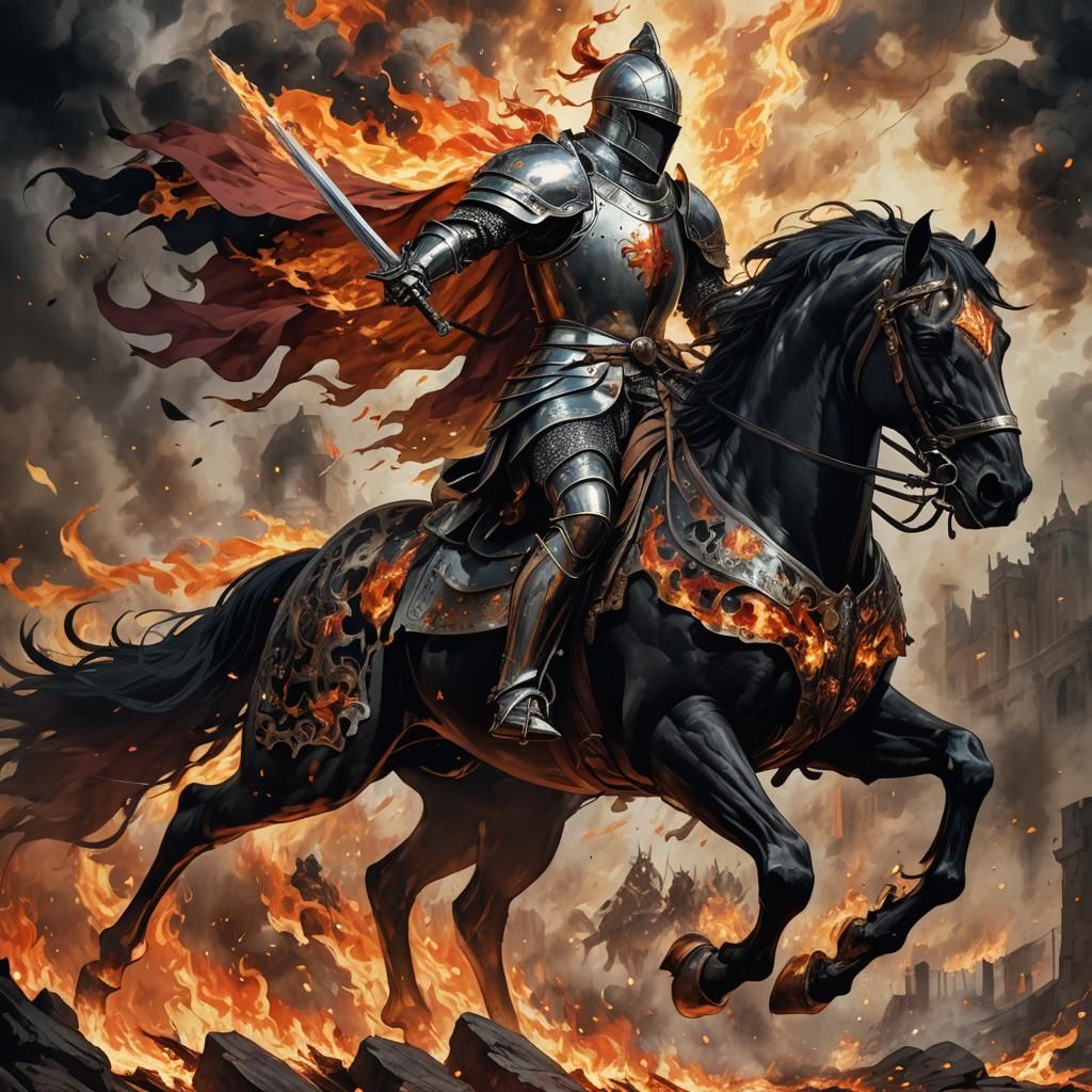 Knight on Black Horse Through Flames in Anime Style