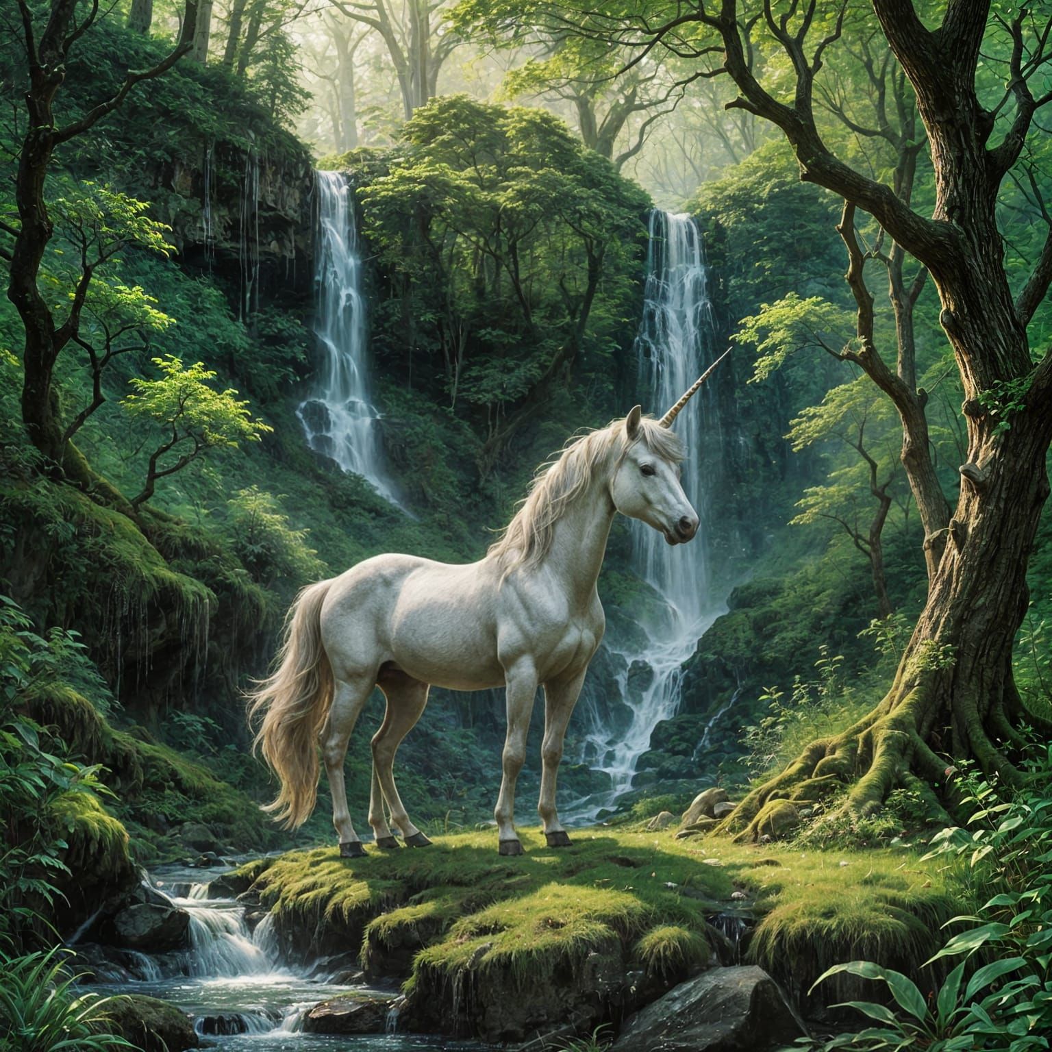 Magical Forest With Star Waterfall and Unicorn