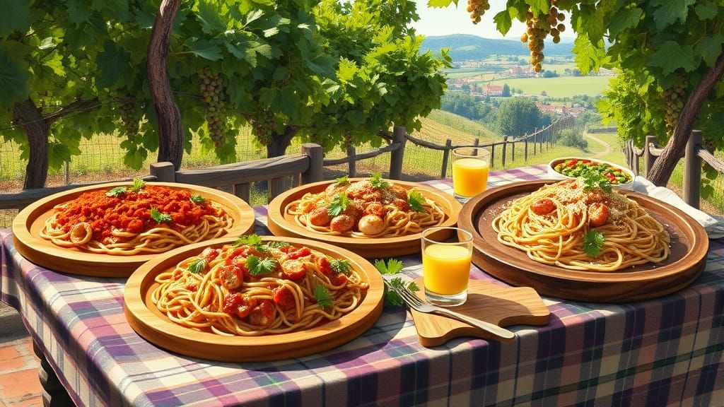 Impressionist Feast: Lavish Spaghetti Spread in Countryside
