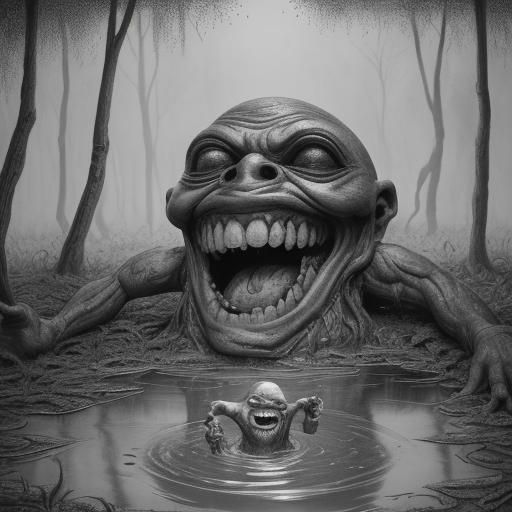 Grotesque Swamp Monster in Black and White