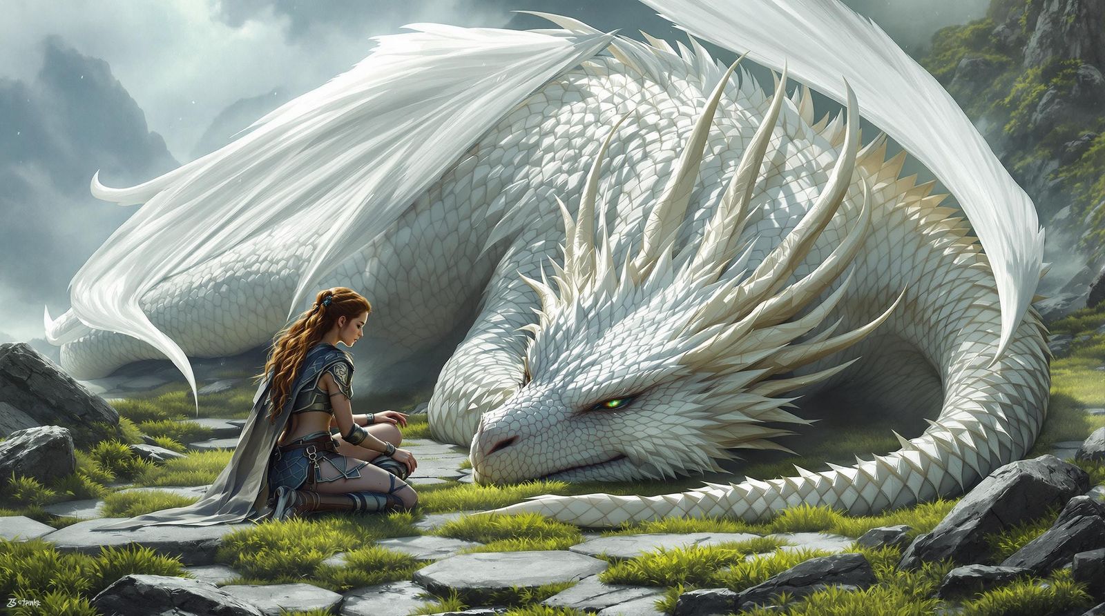 Celtic Warrior Girl and White Dragon in Highlands