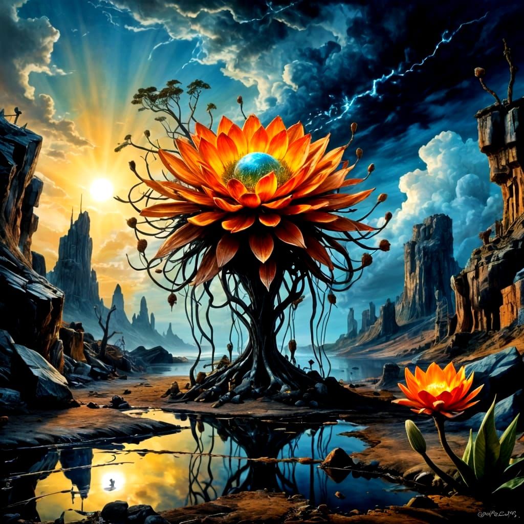 Luminous Flowers in Alien Surrealist Landscape