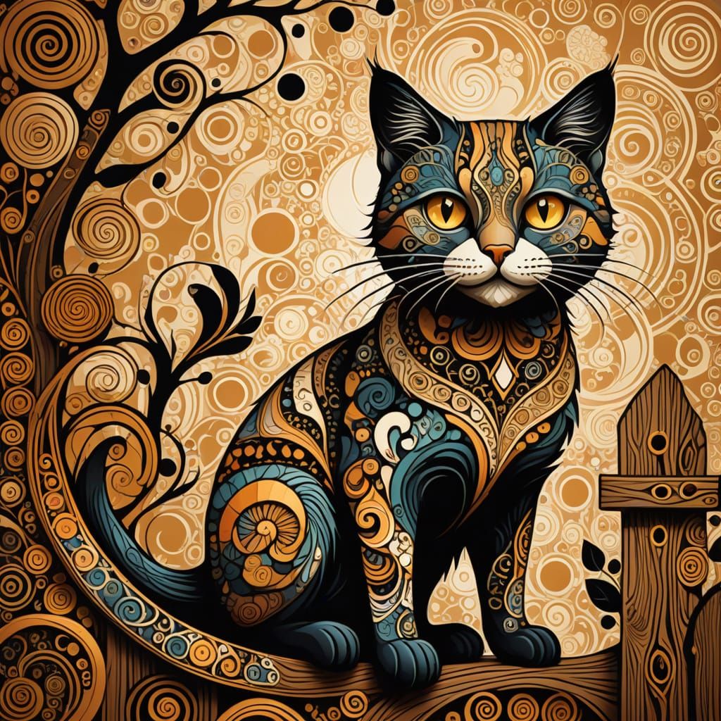 Vibrant Folk Art Cat in Whimsical Setting