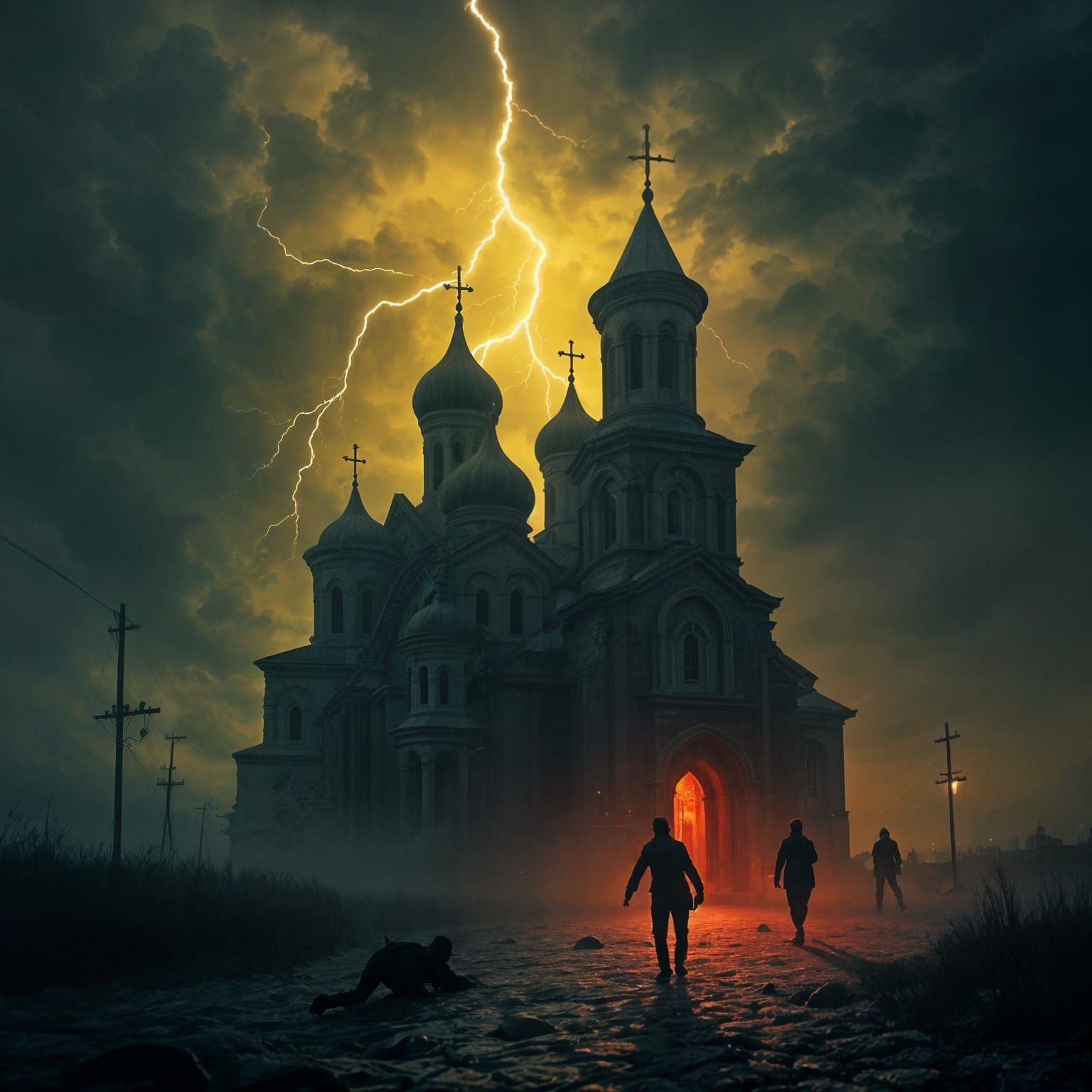 Surreal Orthodox Church Surrounded by Dark Stormy Skies