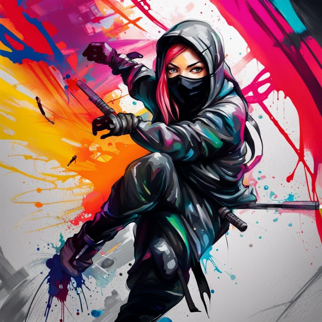 Female Ninja in Colorful Graffiti Splash Art