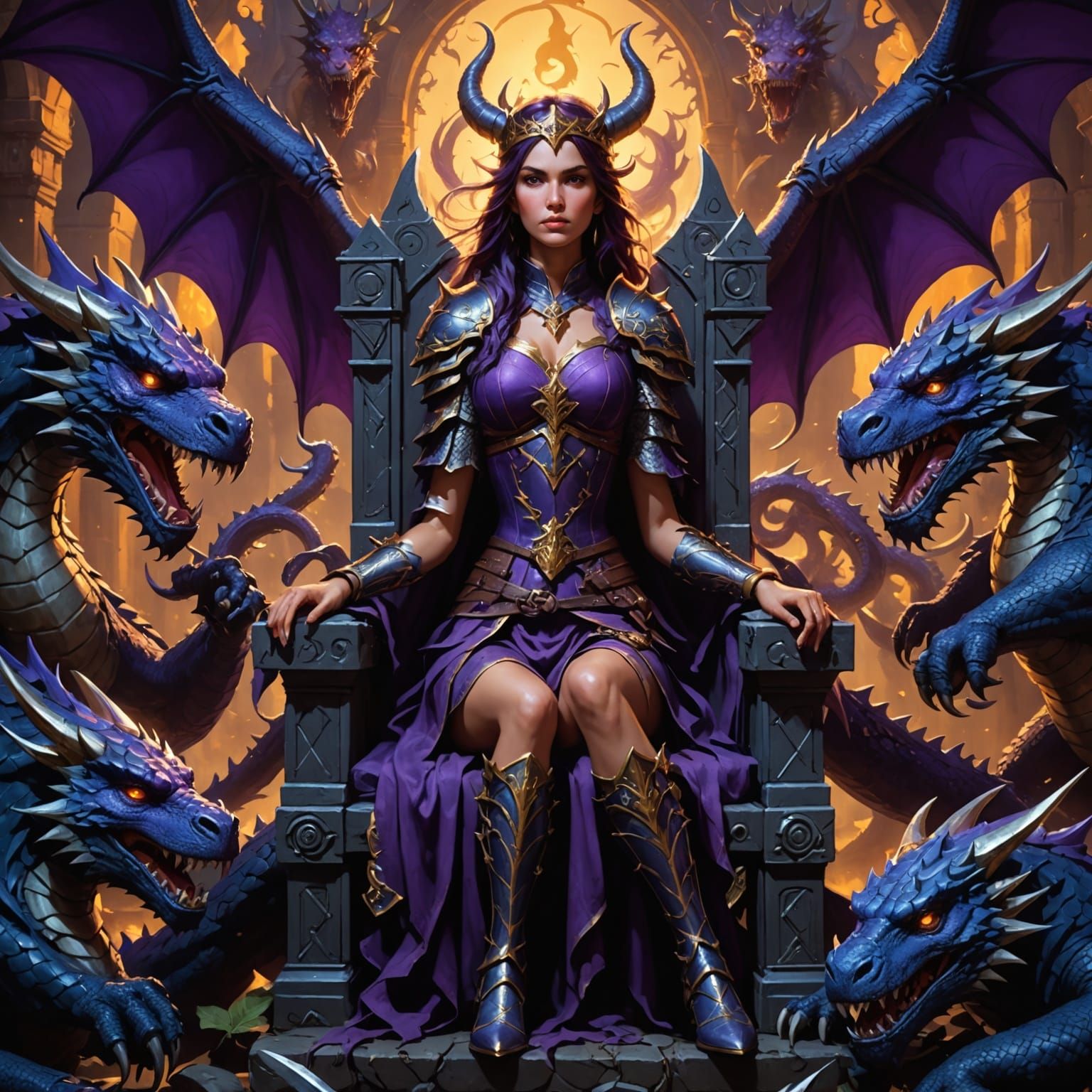 Warrior Queen on Throne with Dragons, Dark Fantasy Art