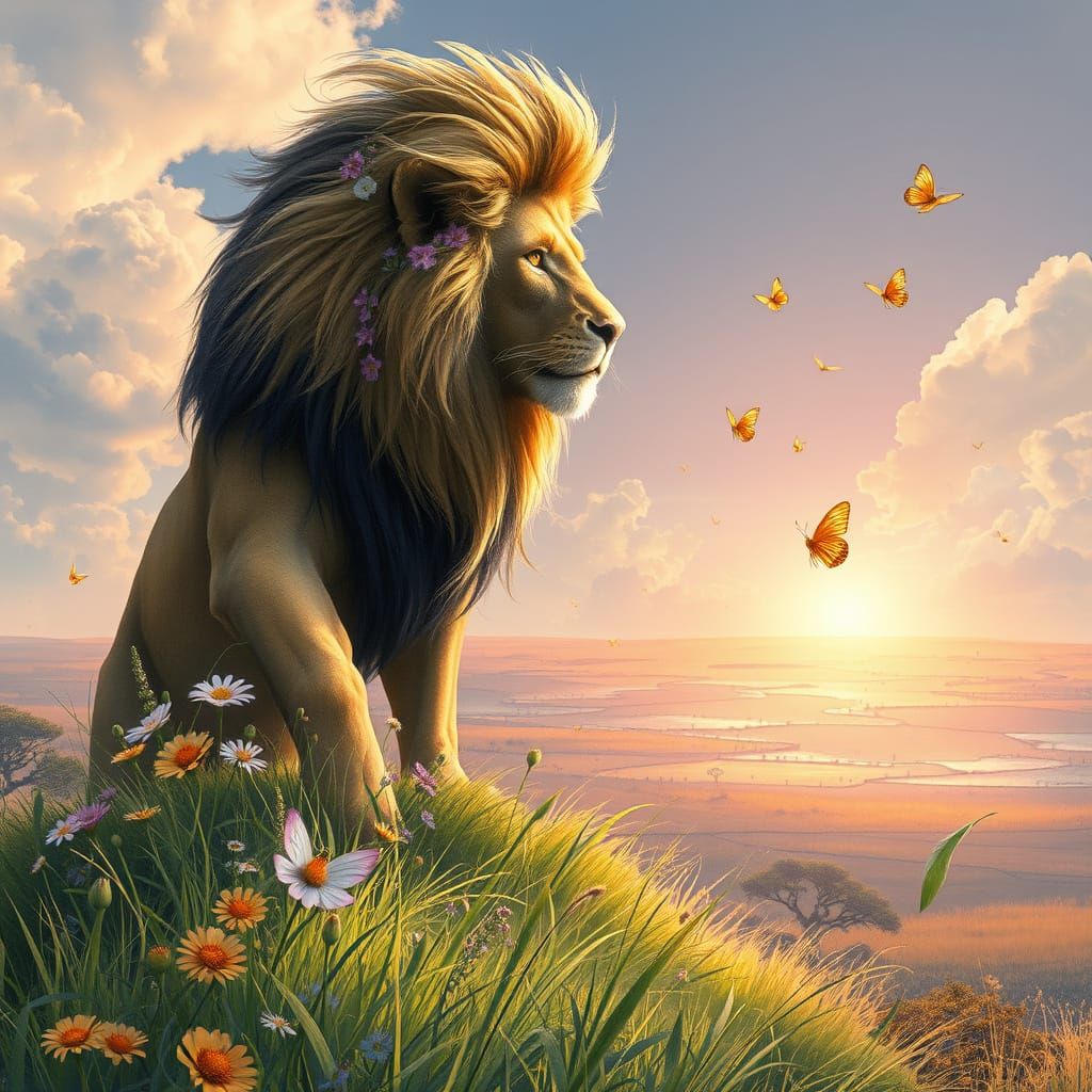 Lion with Wildflower Mane: Fantasy Matte Painting