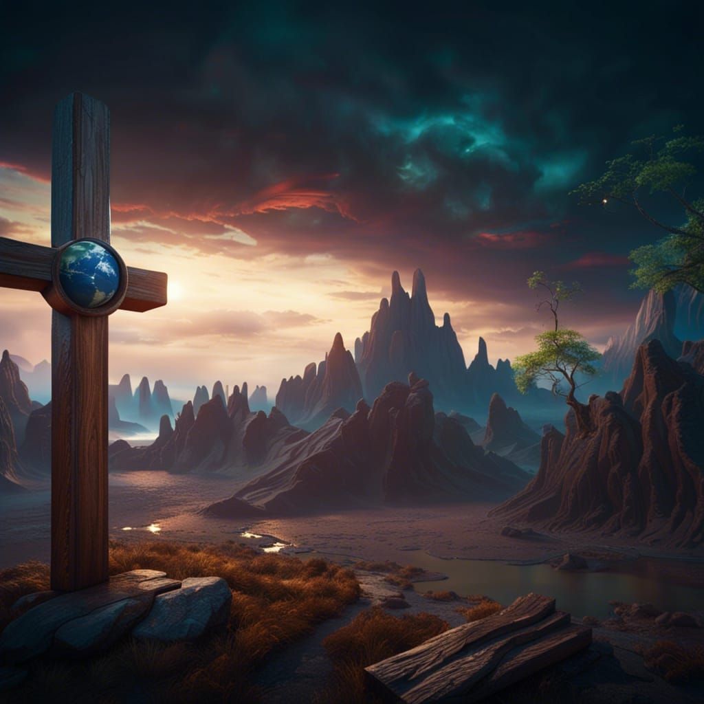 Planet Earth and Wooden Cross in Detailed Digital Painting