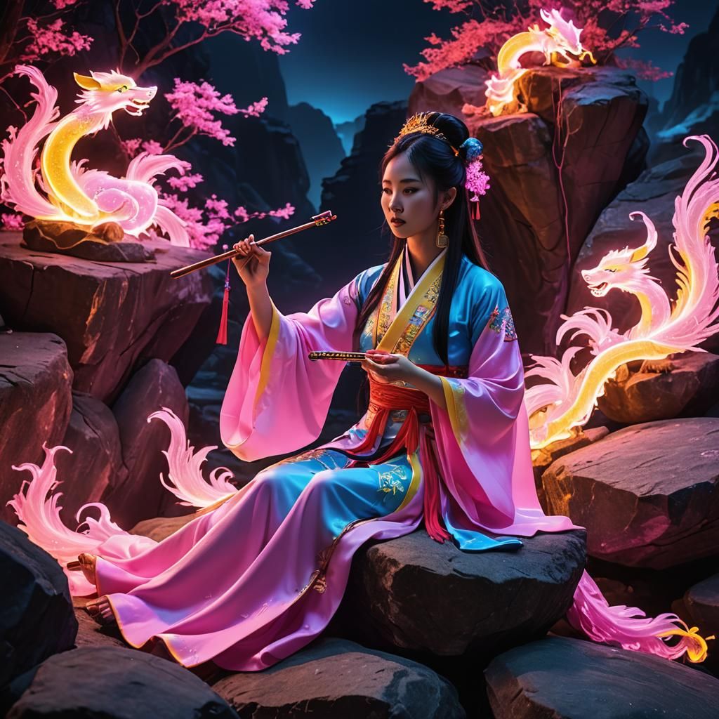 Neon Chinese Girl Playing Guzheng with Fox Tails