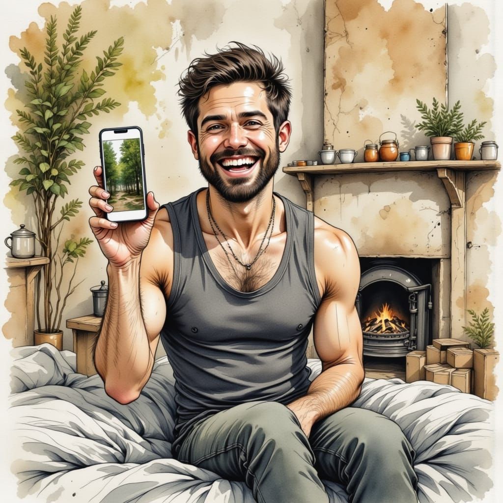 Cheerful Man Holds Smartphone in Watercolour Style