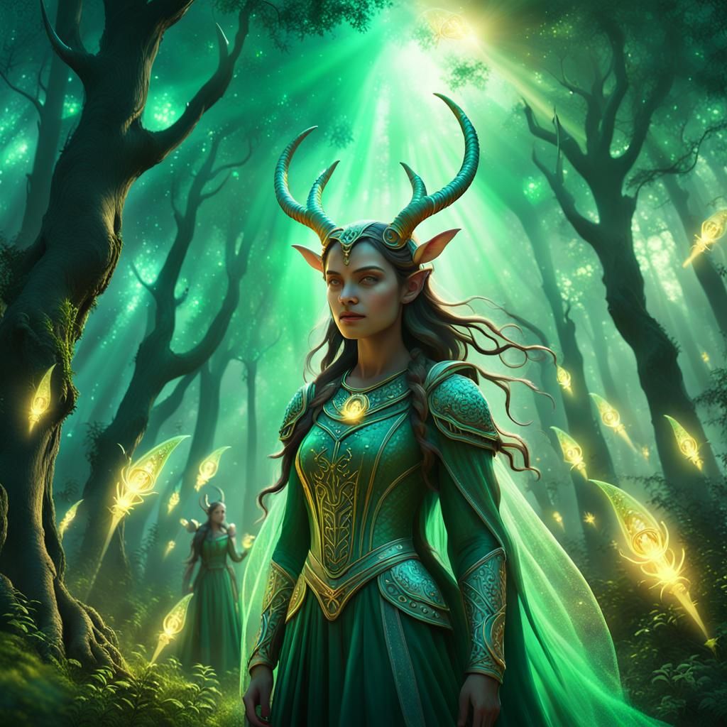 Mythical Horned Princess in Enchanted Forest, Cosmic Illustr...