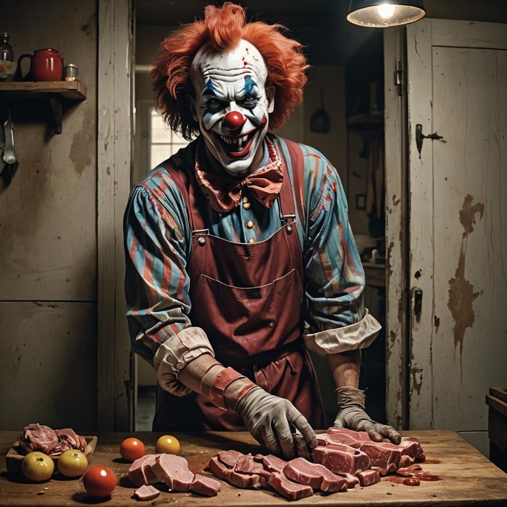 Clown Butcher in Somber, Hyperrealistic Style