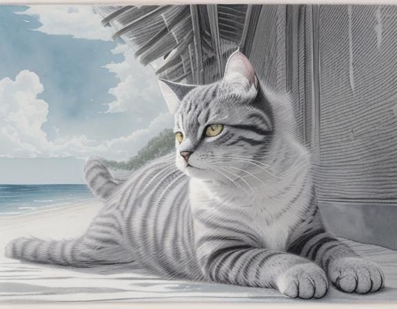 Tabby Cat Stretching in Tropical Intaglio Art