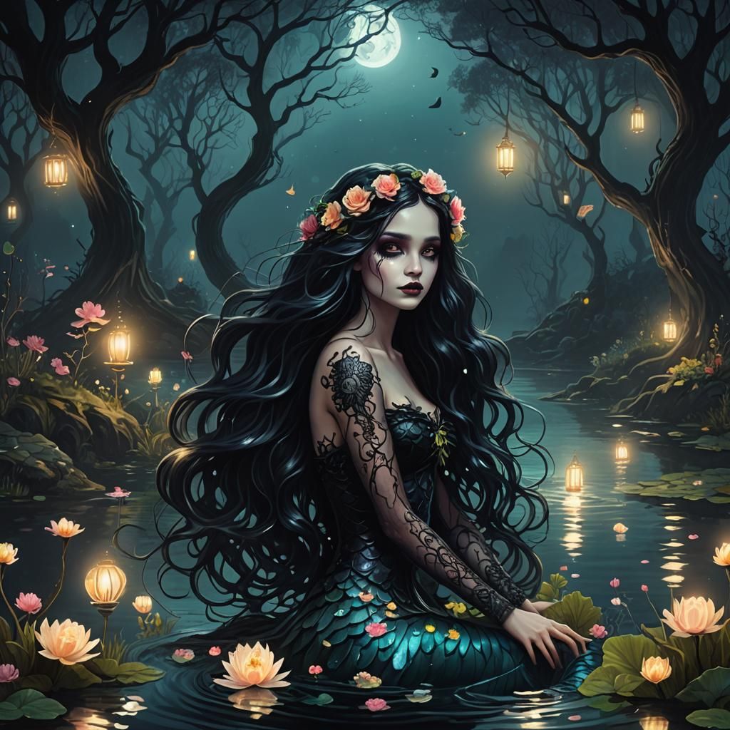 Gothic Mermaid in Enchanted Forest Lake