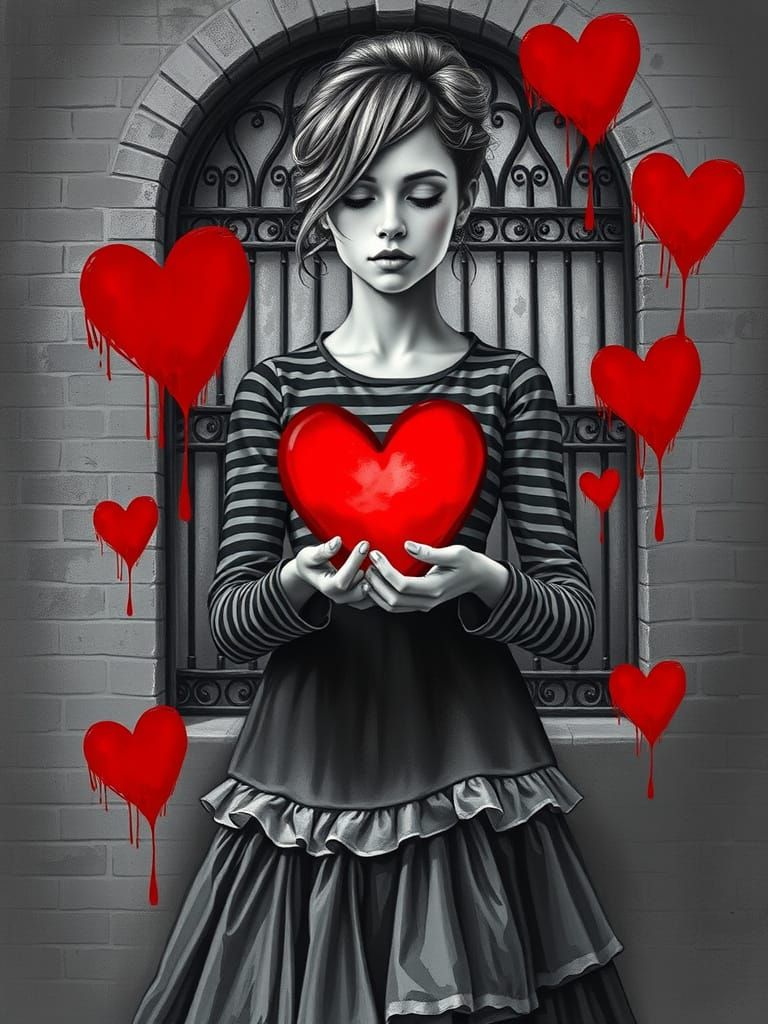 Gothic Victorian Woman with Red Hearts in a Monochromatic Po...
