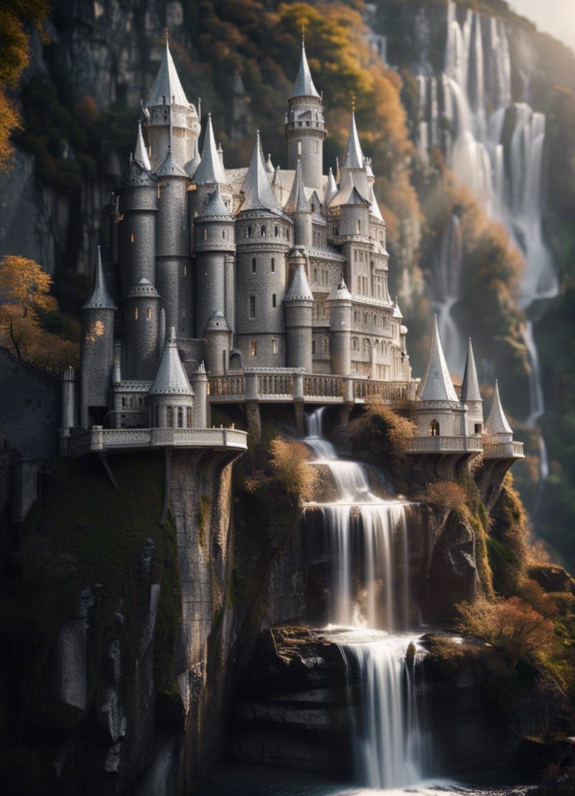 Majestic Silver Castle Built Into Mountain Waterfall