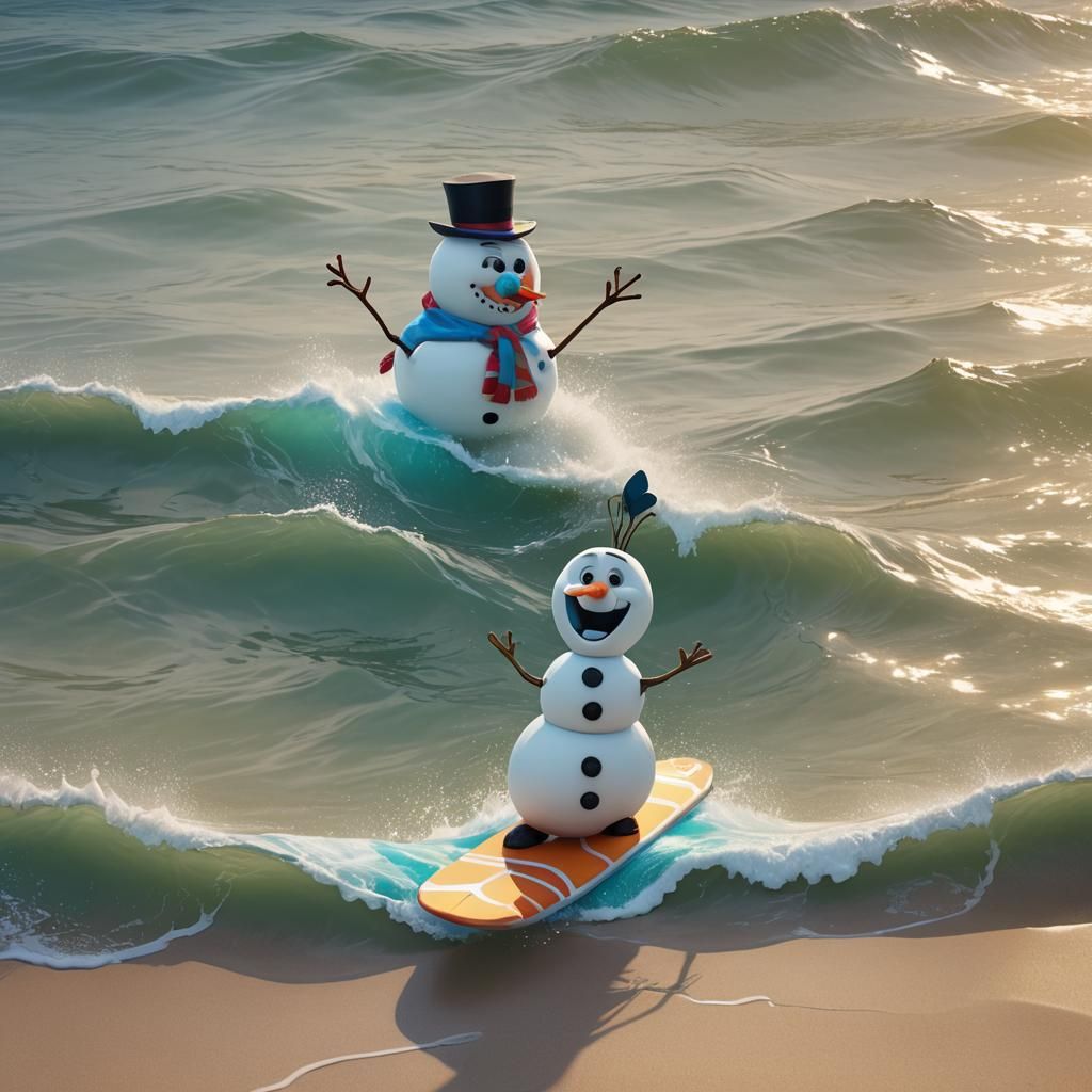 Snowman Surfing a Summer Wave: 3D Digital Art