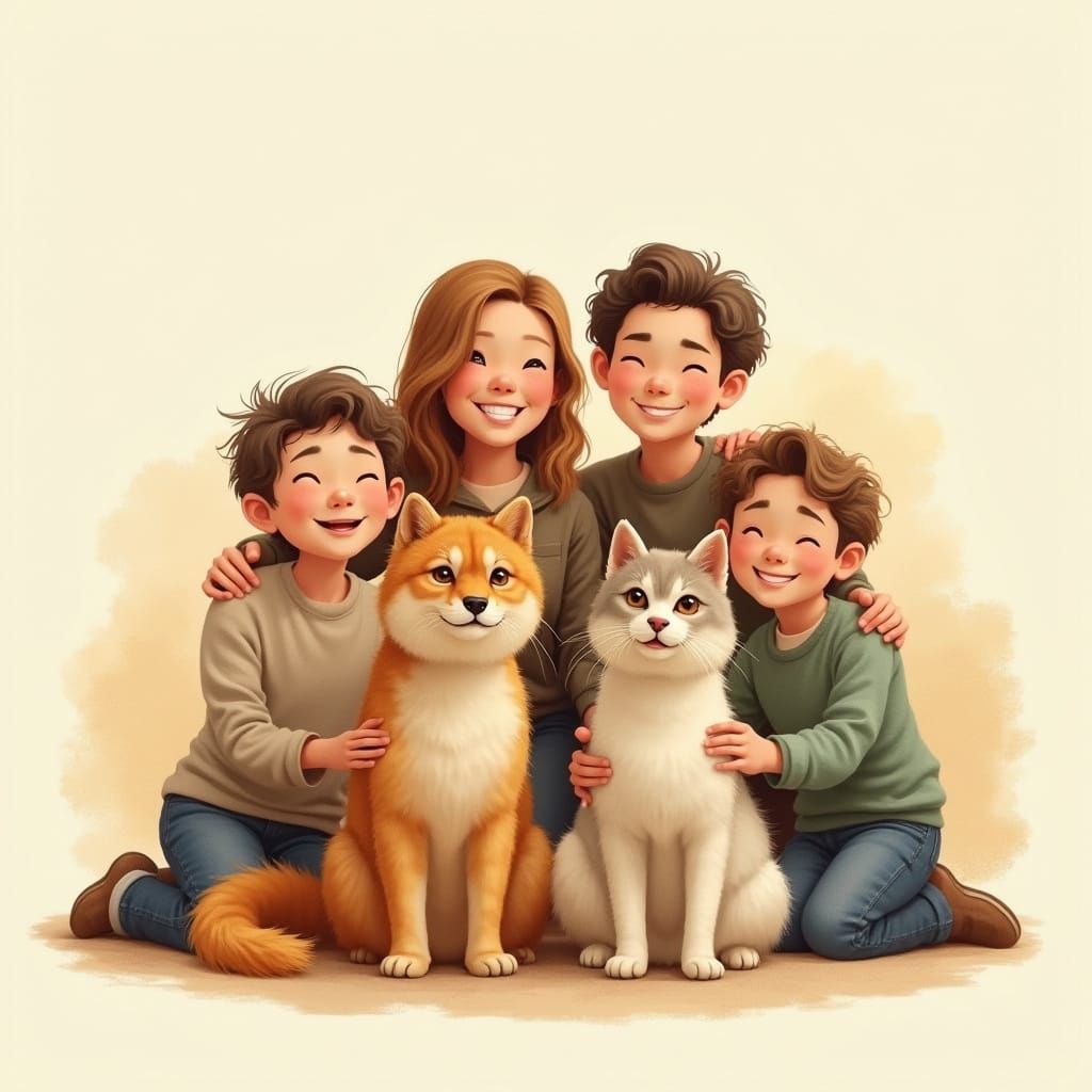 Family Portrait with Cat and Dog in Harmony