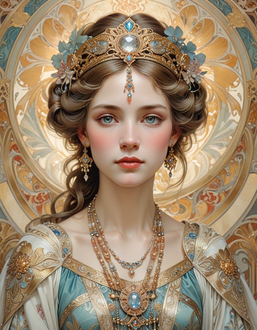 Art Nouveau Queen Portrait in Watercolor Style