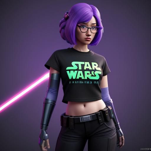Girl in Star Wars Shirt with Lightsaber: 3D Digital Art