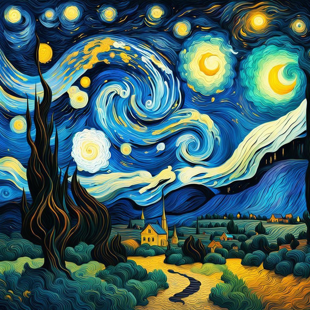 Magical Starry Night Landscape in Van Gogh Style