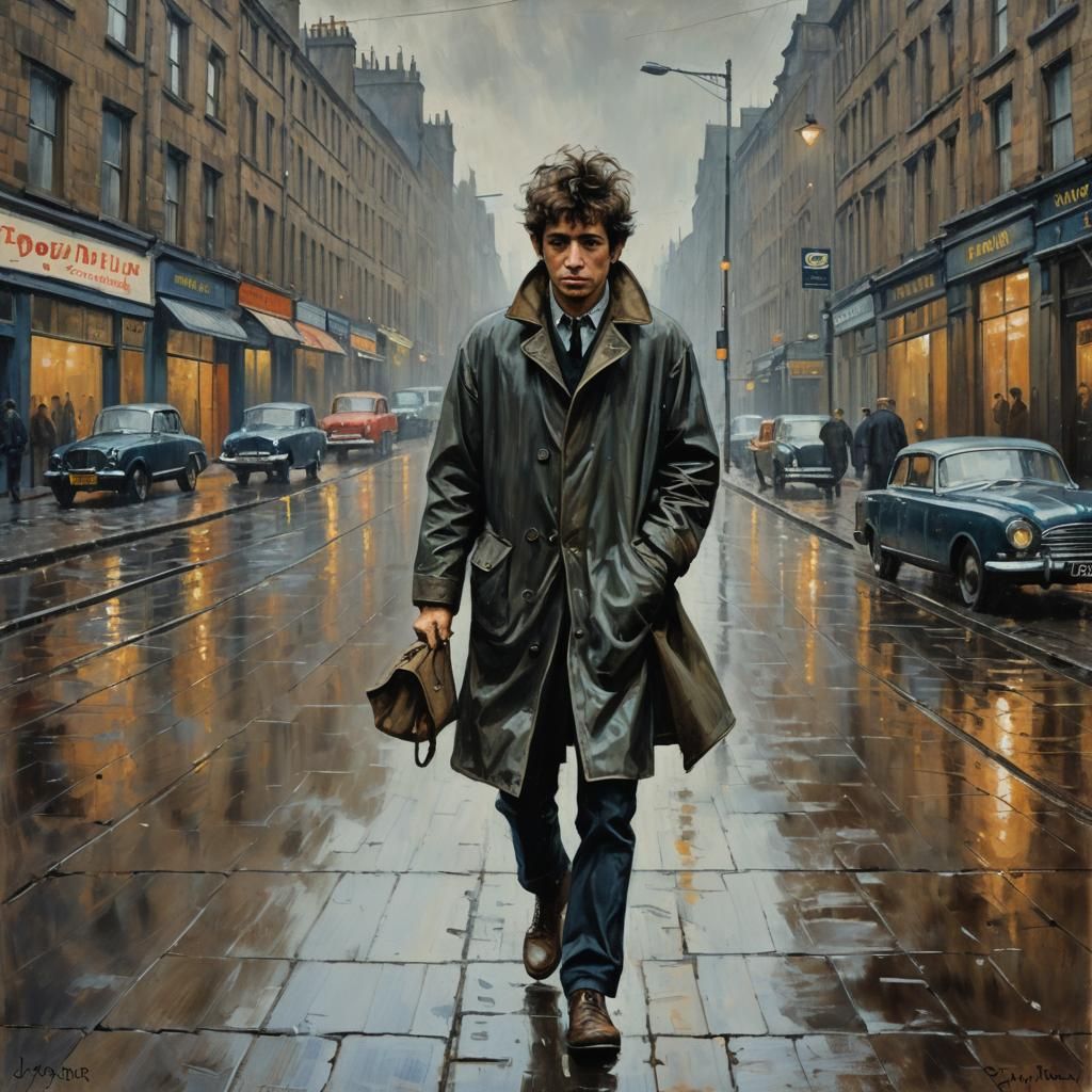 Bob Dylan Wandering Glasgow Street, Oil Painting