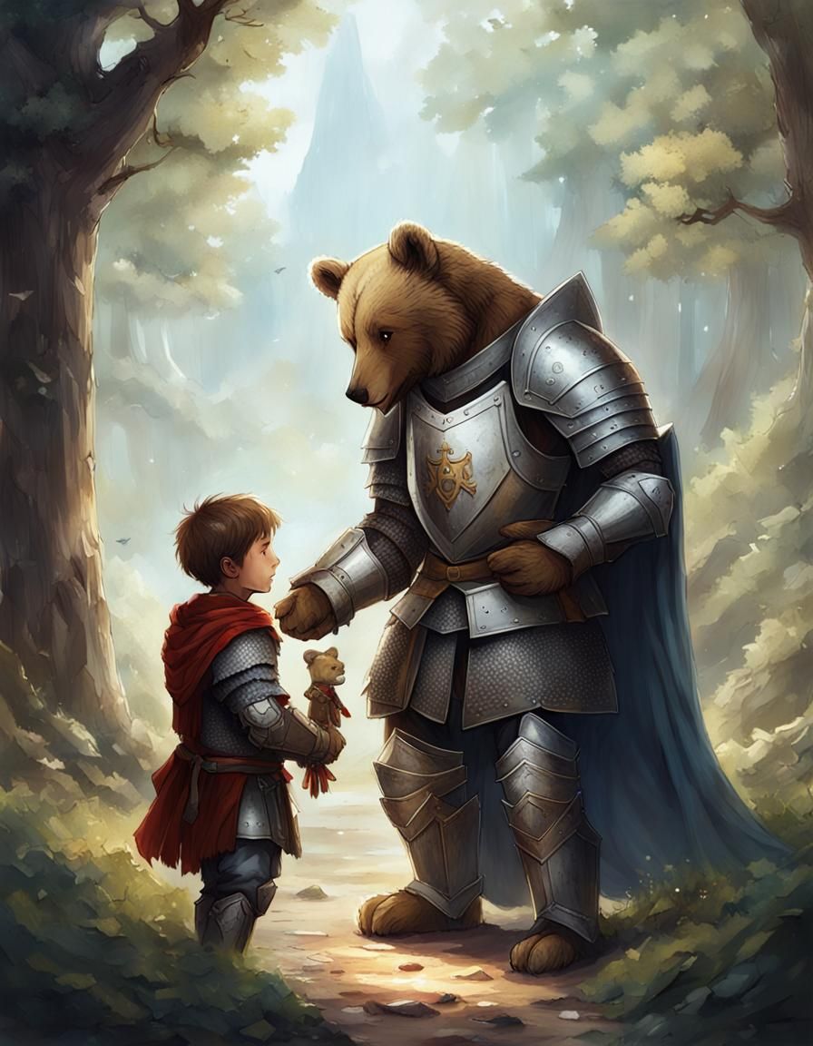 Knight and Boy with Toy Bear Fantasy Illustration