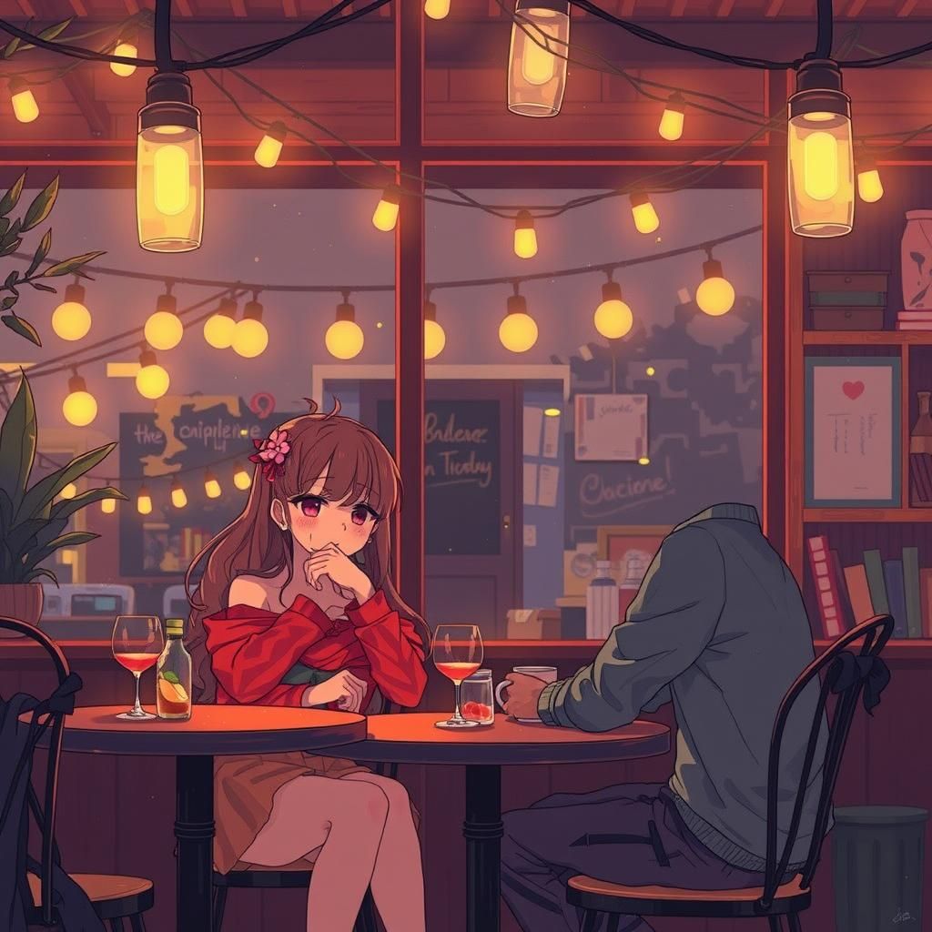 Romantic Embrace in Manga Style Cafe