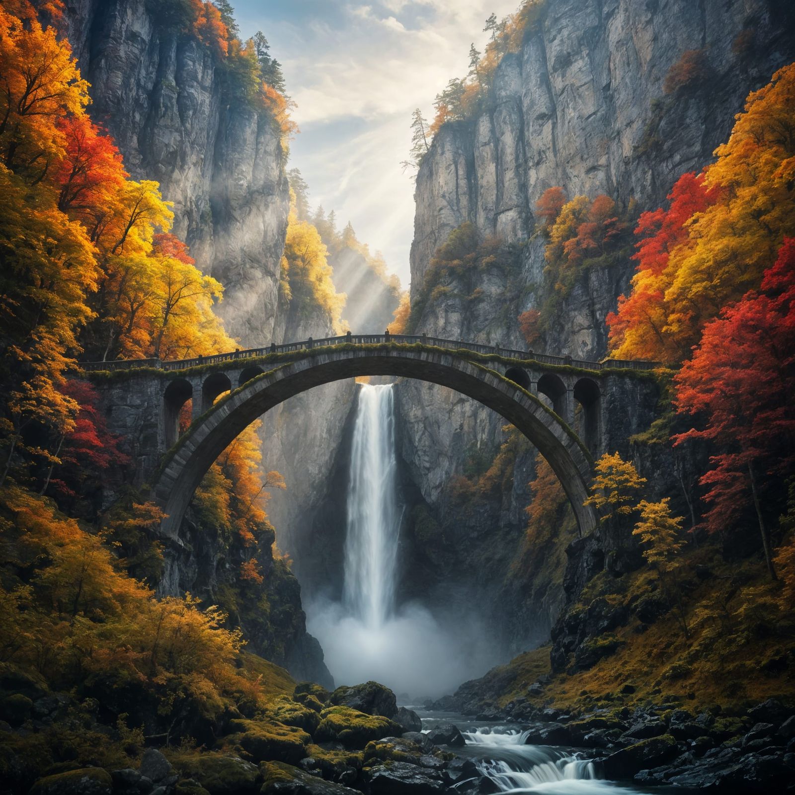 Autumn Bridge Over Waterfall in Grand Canyon