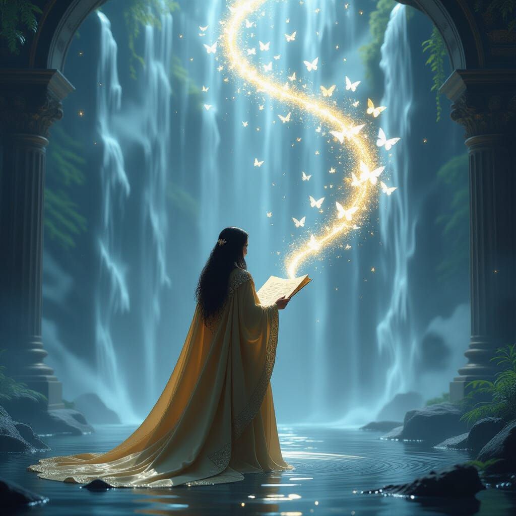 Mystical Figure Under Waterfall With Starlight Cloak