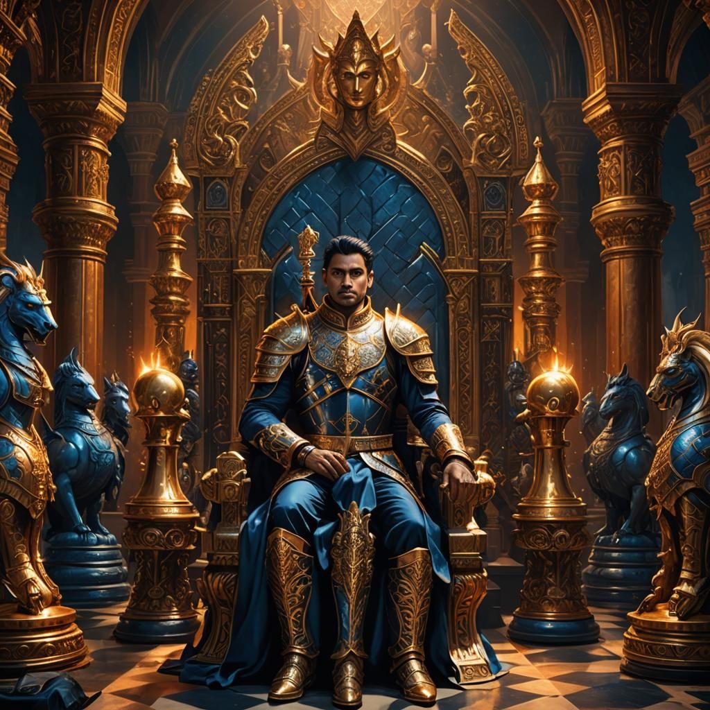 Warrior King on Chess Throne in Gothic Hall