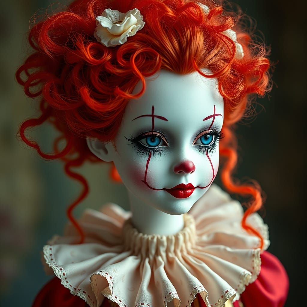 Surreal Clown Doll in Whimsical Red Hairdo