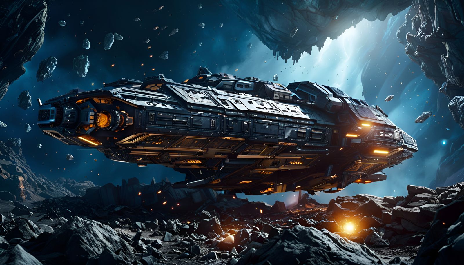 Damaged Spaceship in Asteroid Field: Sci-Fi Masterpiece