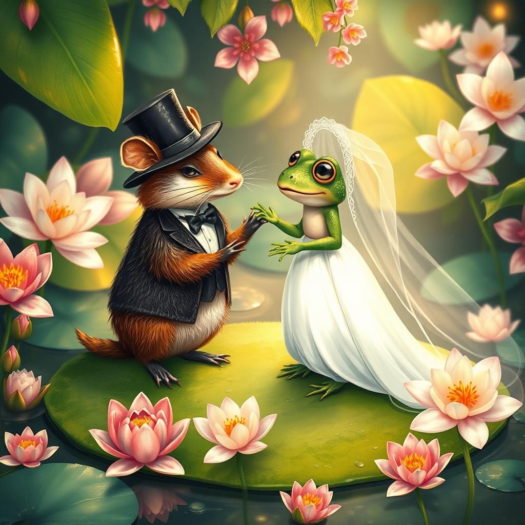 Bandicoot and Frog Wedding, Whimsical Animal Illustration