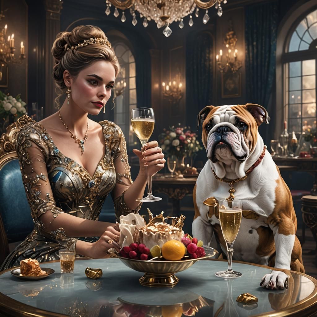 Lady and Bulldog Share Champagne, Detailed Matte Painting
